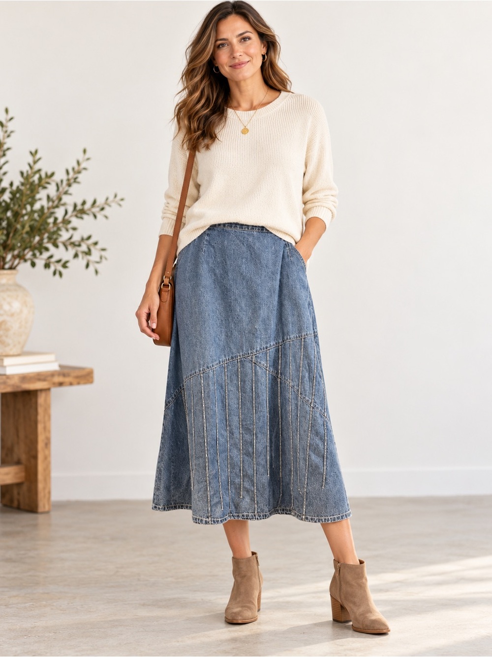 J. Jill Vintage Western Asymmetrical Seam Pleated Denim Maxi Skirt 16 VGUC